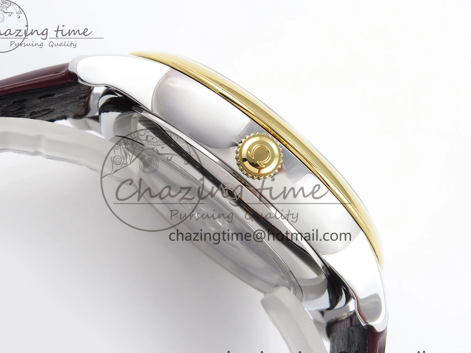 0421 De Ville Date YG MKF 1:1 Best Edition White Textured Dial Diamonds Marker on Brown Leather Strap A WaterResistant 7754